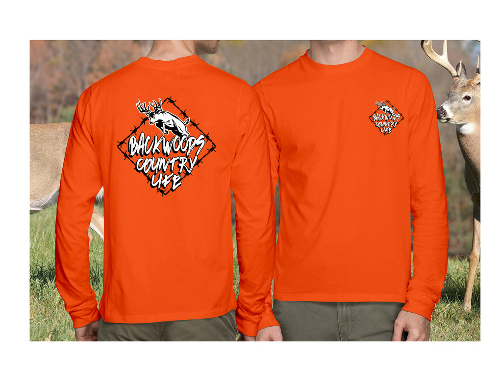 Men's Long Sleeved Backwoods Country Life Deer with Barbed Wire T-Shir